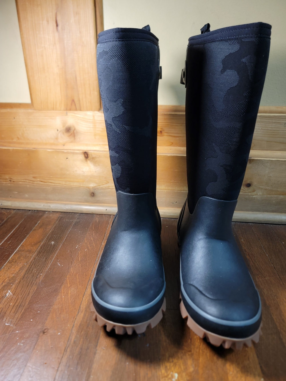 Bogs Black Tall Rain Boots with Brown Lug Sole